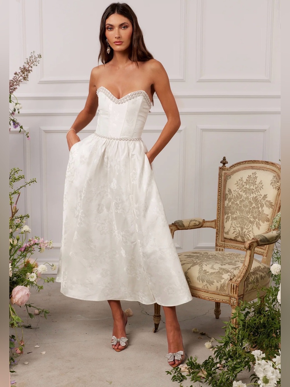 V. Chapman White Strapless Tea-Length A-Line Dress with Beaded Waist